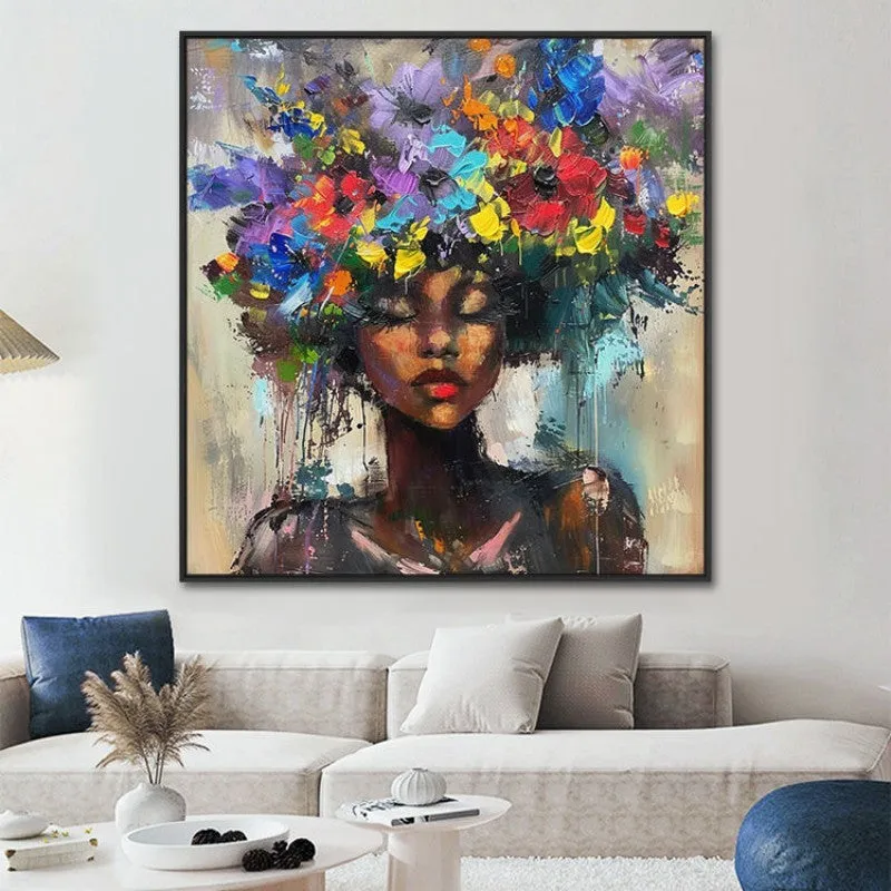 Hand painted oil painting square canvas woman portrait mystical floral modern wall art 100cm available sizes 50cm to 120cm
