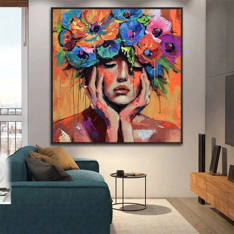 Hand painted oil painting square canvas woman portrait mystical floral modern wall art 100cm available sizes 50cm to 120cm