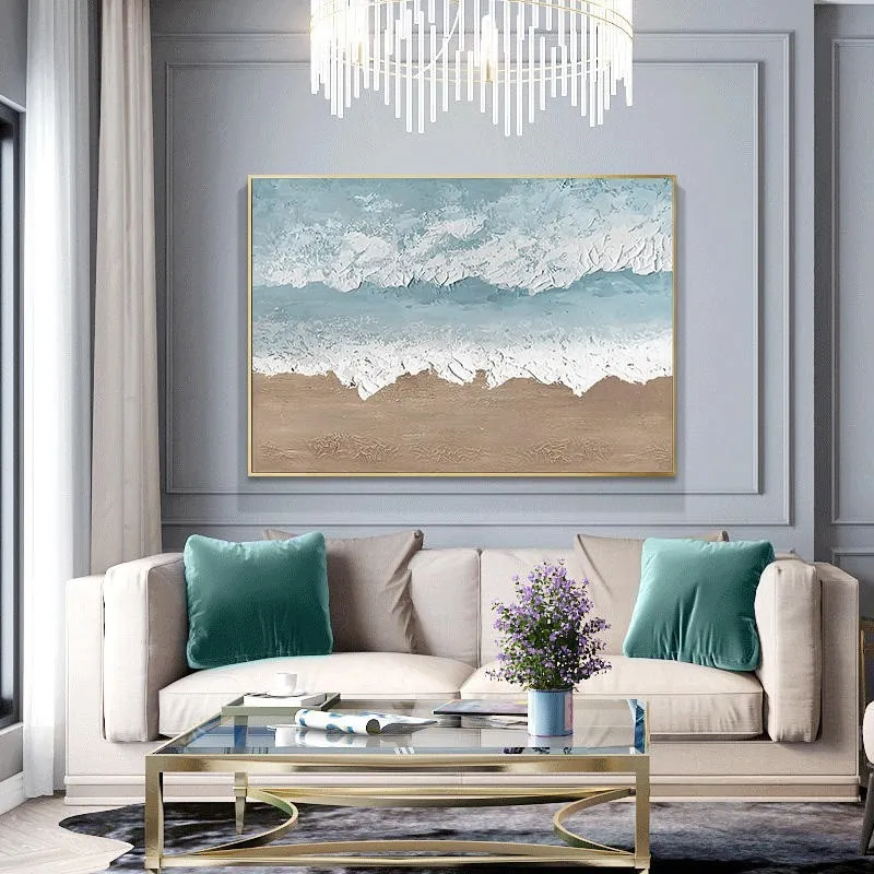 Handmade abstract beach landscape oil painting on canvas with brown texture for wall decoration