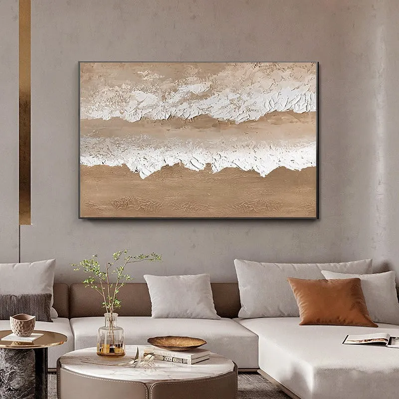 Handmade abstract beach landscape oil painting on canvas with brown texture for wall decoration