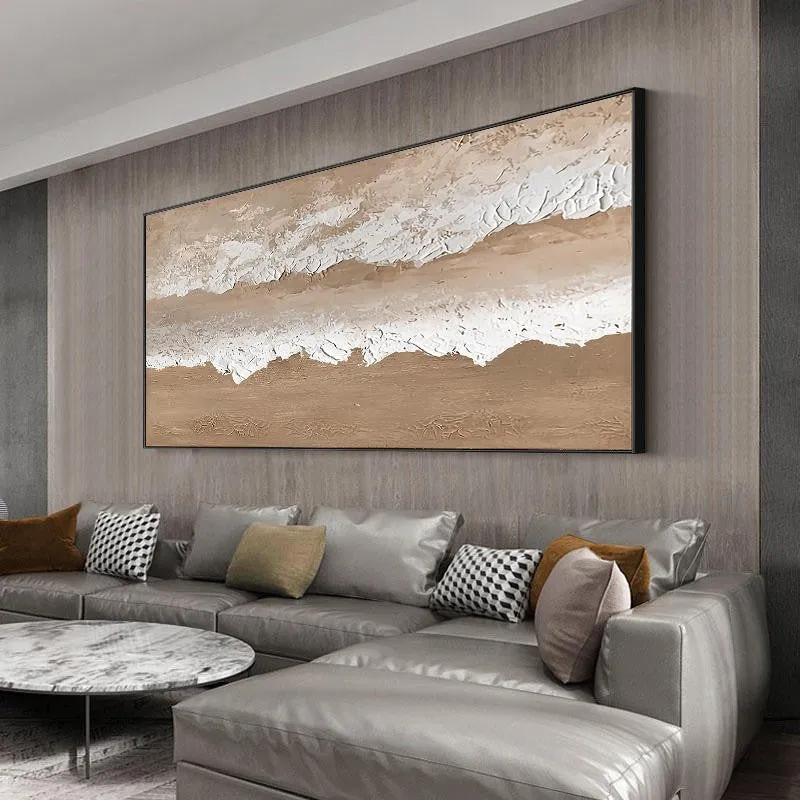 Handmade abstract beach landscape oil painting on canvas with brown texture for wall decoration