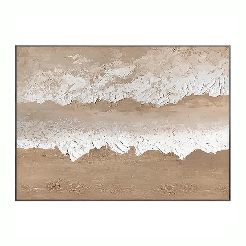 Handmade abstract beach landscape oil painting on canvas with brown texture for wall decoration