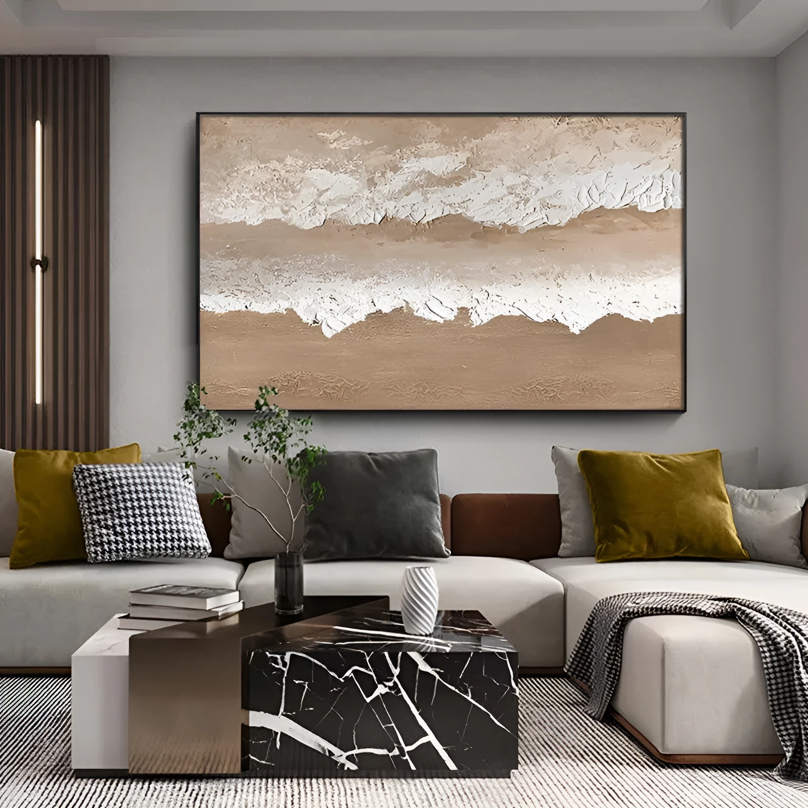Handmade abstract beach landscape oil painting on canvas with brown texture for wall decoration