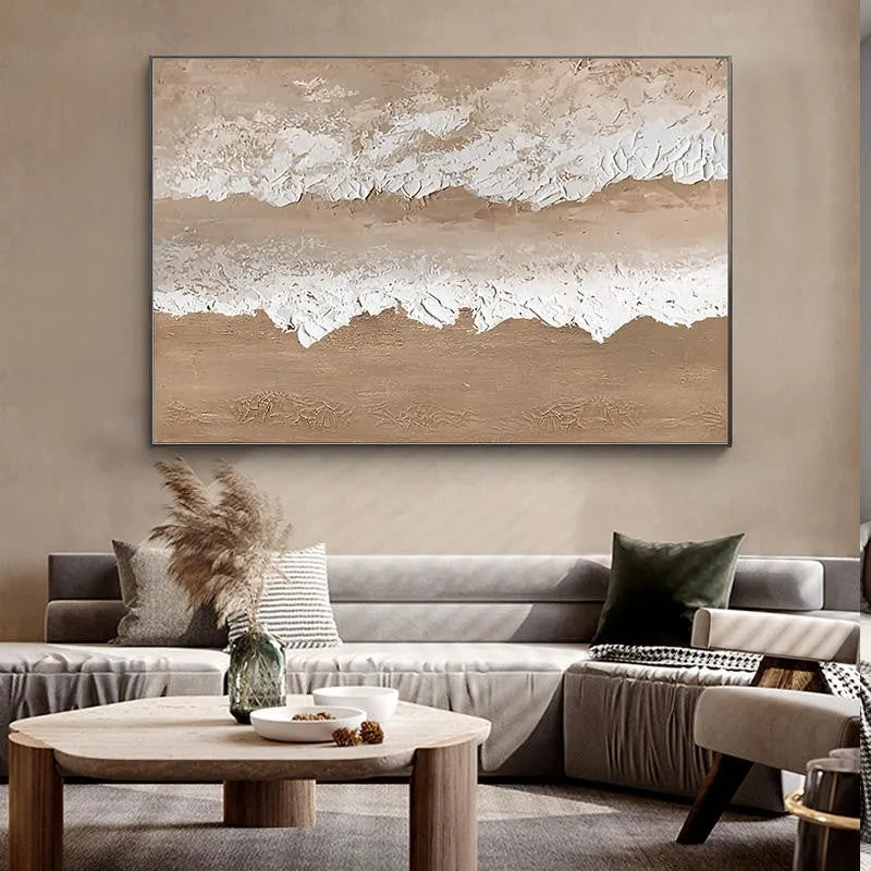 Handmade abstract beach landscape oil painting on canvas with brown texture for wall decoration