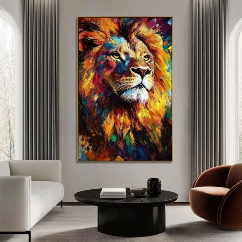Abstract handmade oil painting of a colourful lion on canvas, modern vertical design, unframed artwork for living room wall