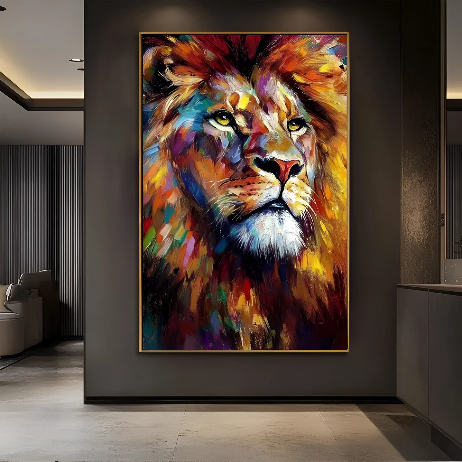 Abstract handmade oil painting of a colourful lion on canvas, modern vertical design, unframed artwork for living room wall