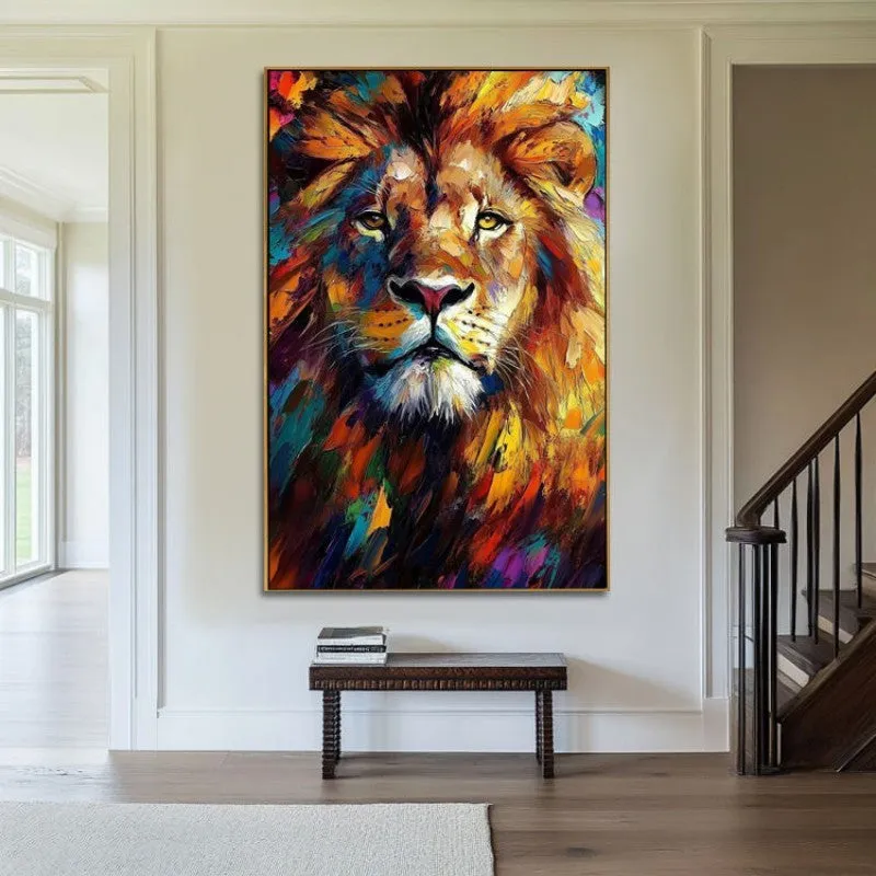 Abstract handmade oil painting of a colourful lion on canvas, modern vertical design, unframed artwork for living room wall