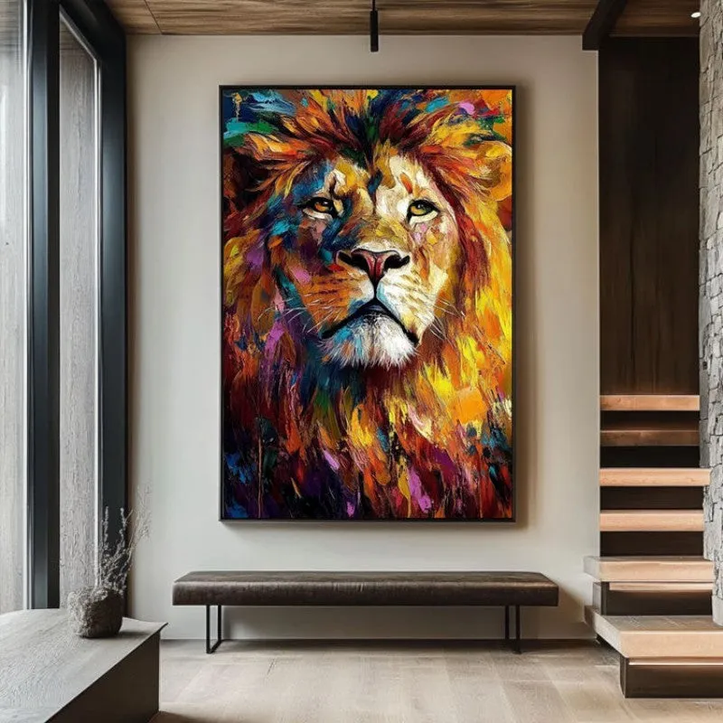 Abstract handmade oil painting of a colourful lion on canvas, modern vertical design, unframed artwork for living room wall
