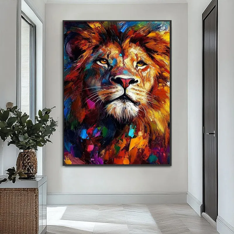 Abstract handmade oil painting of a colourful lion on canvas, modern vertical design, unframed artwork for living room wall