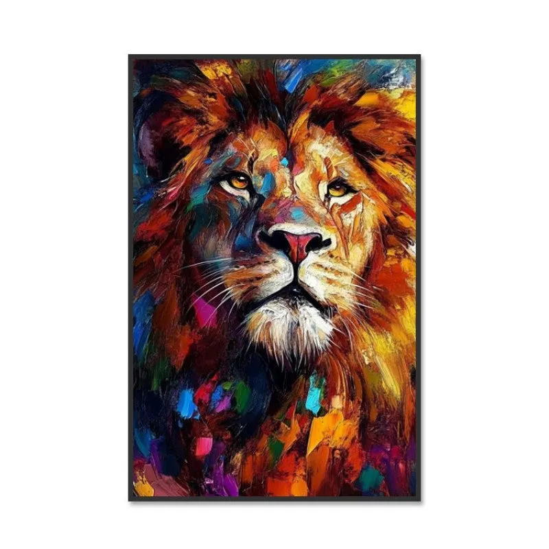 Abstract handmade oil painting of a colourful lion on canvas, modern vertical design, unframed artwork for living room wall