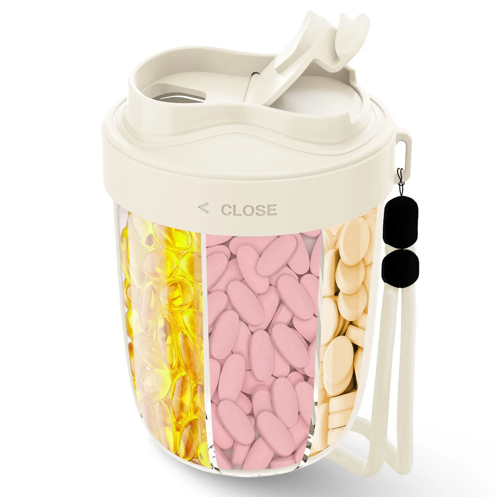 Plastic supplement storage box tablet dispenser with 7 compartments in compact size 7.5x9.5x13.5cm