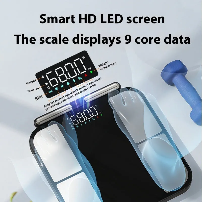 Black electronic bathroom scale with tempered glass platform and colour screen display