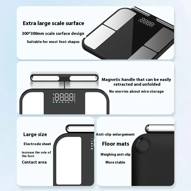 Black electronic bathroom scale with tempered glass platform and colour screen display