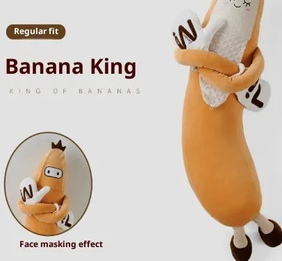 Banana King sleeping soft pillow toy in yellow plush with curved shape on a neutral background