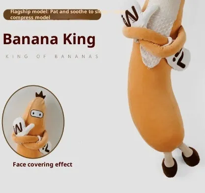 Banana King sleeping soft pillow toy in yellow plush with curved shape on a neutral background