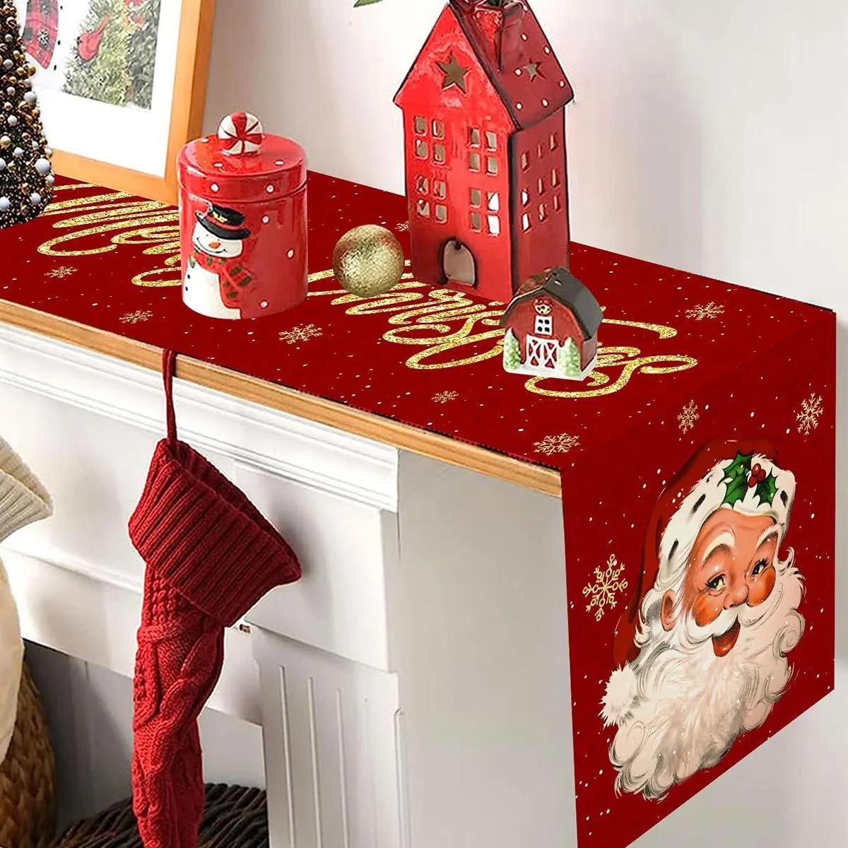 Polyester table flag 181x35.5cm with Santa Claus Head Statue design for Christmas dining table decoration