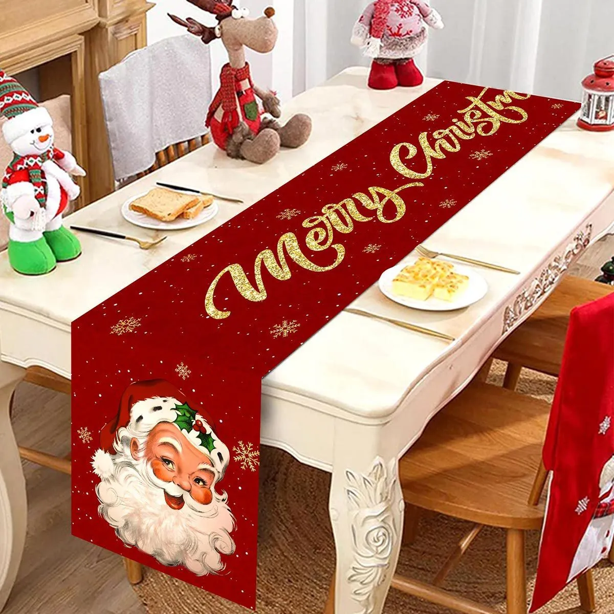 Polyester table flag 181x35.5cm with Santa Claus Head Statue design for Christmas dining table decoration