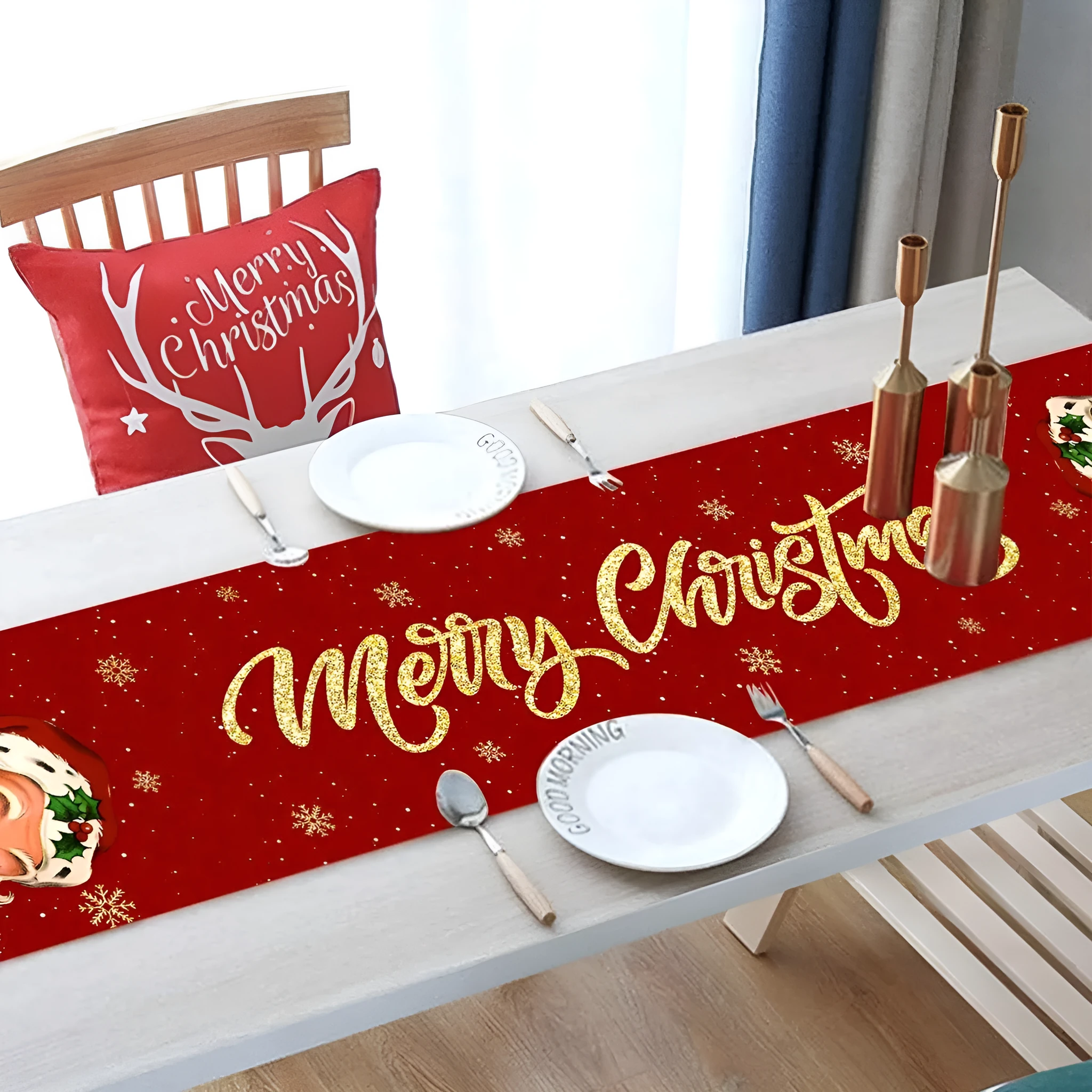 Polyester table flag 181x35.5cm with Santa Claus Head Statue design for Christmas dining table decoration