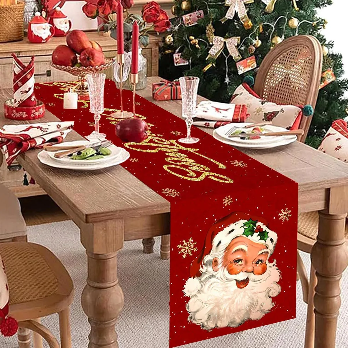Polyester table flag 181x35.5cm with Santa Claus Head Statue design for Christmas dining table decoration