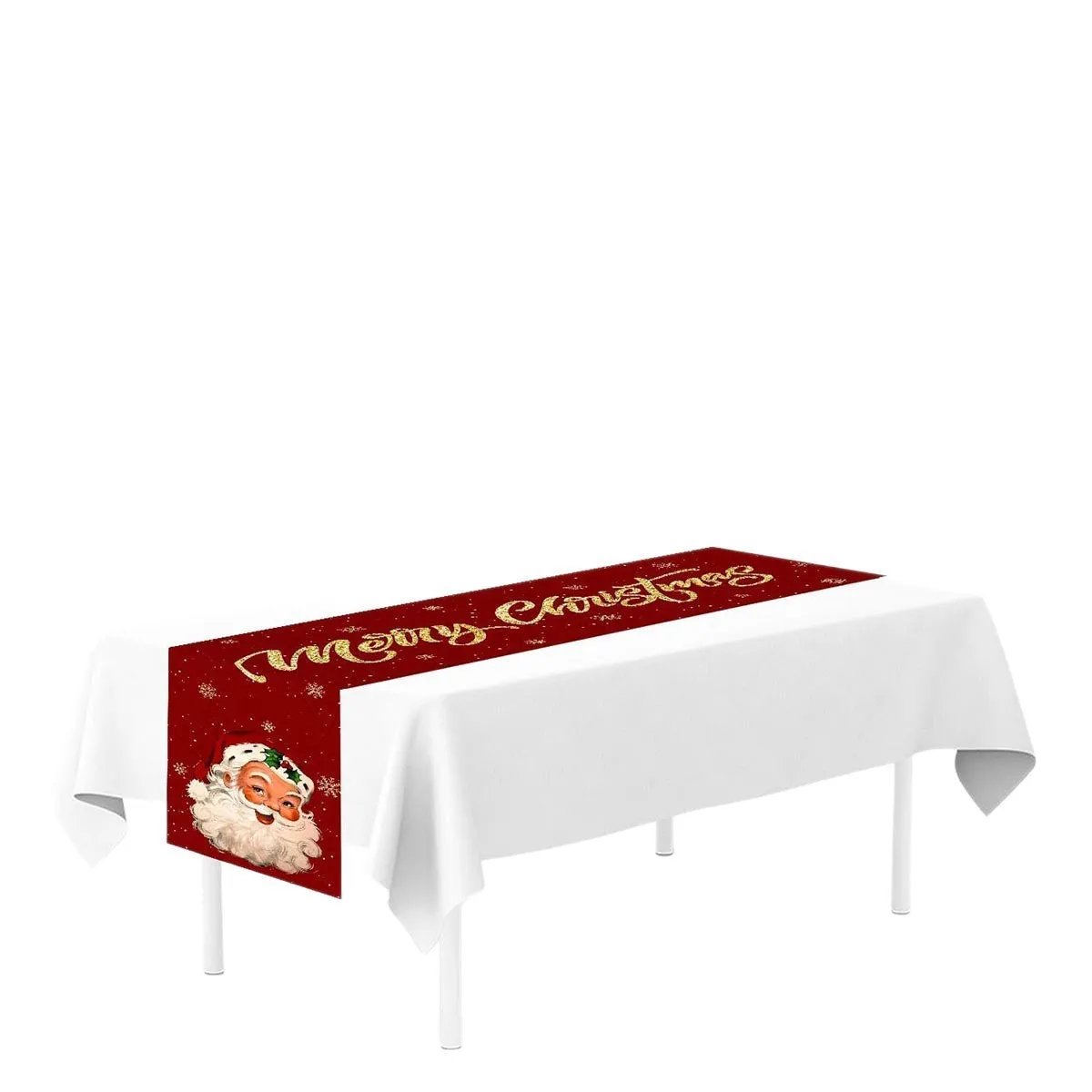 Polyester table flag 181x35.5cm with Santa Claus Head Statue design for Christmas dining table decoration
