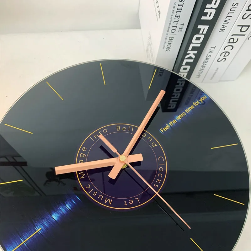 Retro 3D stereo acrylic vinyl CD record wall clock with glass front, 12 inch diameter, gold pointer style on white background