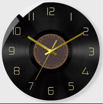 Retro 3D stereo acrylic vinyl CD record wall clock with glass front, 12 inch diameter, gold pointer style on white background
