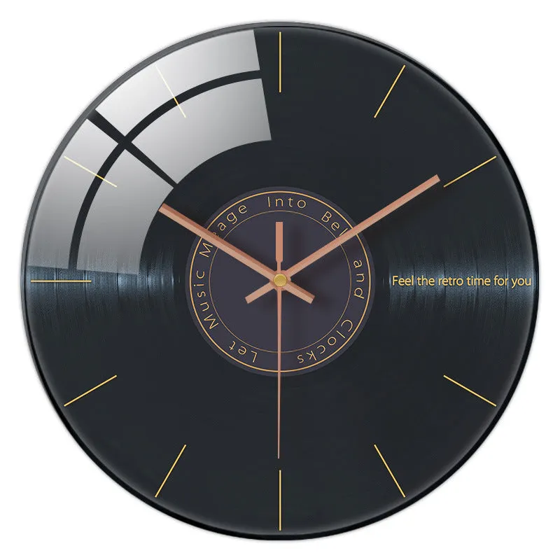 Retro 3D stereo acrylic vinyl CD record wall clock with glass front, 12 inch diameter, gold pointer style on white background