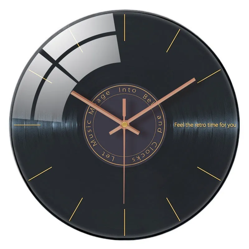 Retro 3D stereo acrylic vinyl CD record wall clock with glass front, 12 inch diameter, gold pointer style on white background