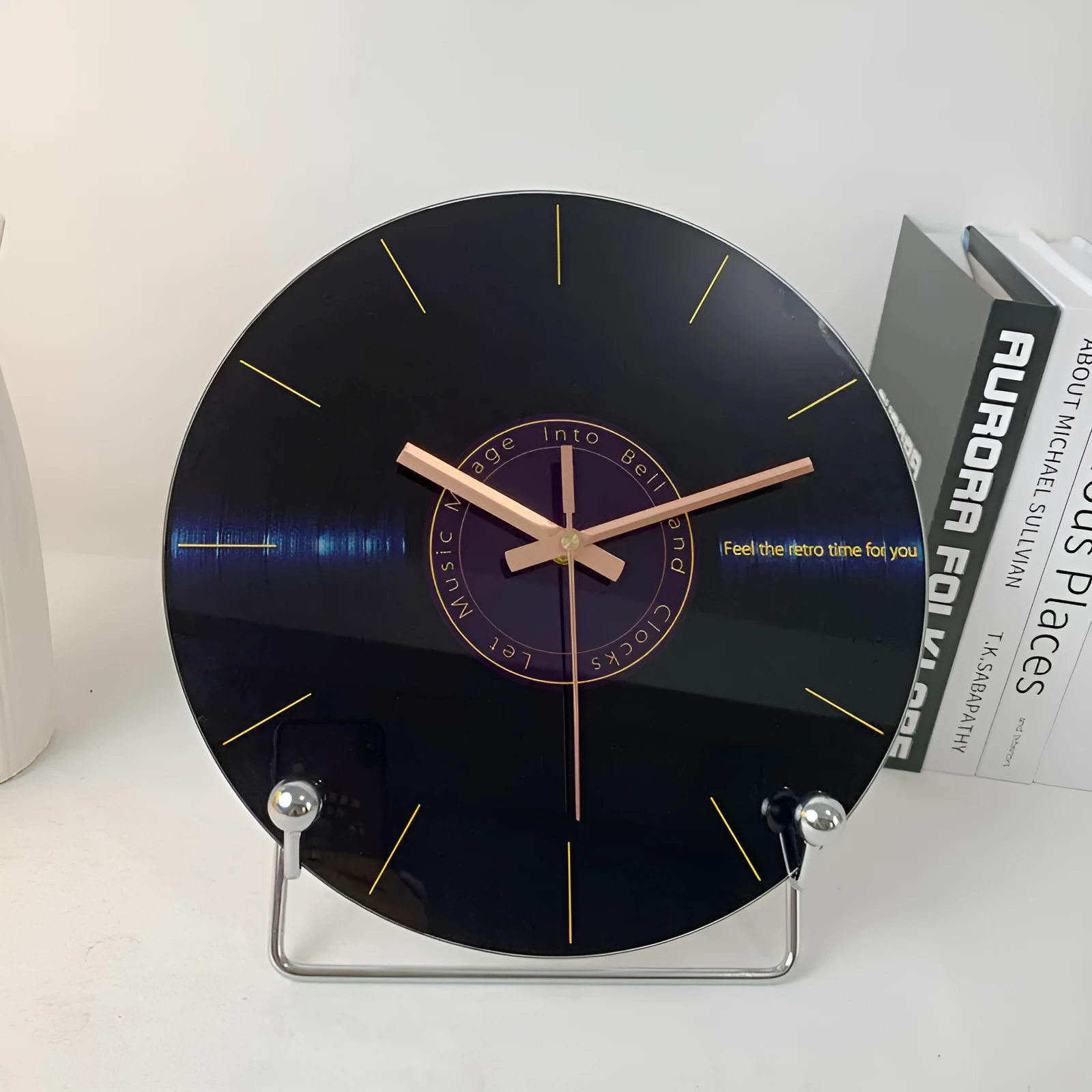 Retro 3D stereo acrylic vinyl CD record wall clock with glass front, 12 inch diameter, gold pointer style on white background