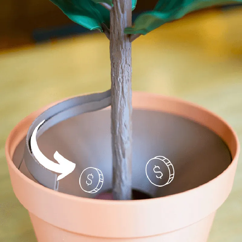 Simulation green plant coin bank money tree 3D printed PLA piggy bank whole tree colour front view