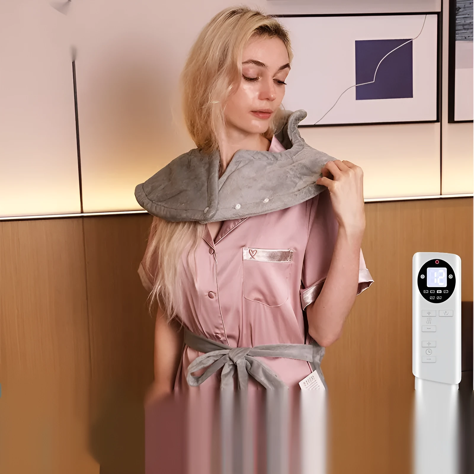Grey electric heating compress wrap for neck shoulder waist belly protection with 12-gear controller and crystal super soft fabric