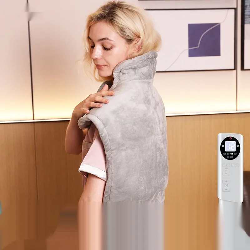 Grey electric heating compress wrap for neck shoulder waist belly protection with 12-gear controller and crystal super soft fabric
