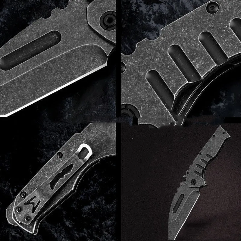 907 style outdoor folding knife with D2 steel blade, 9 cm blade, black handle, closed position on grey background