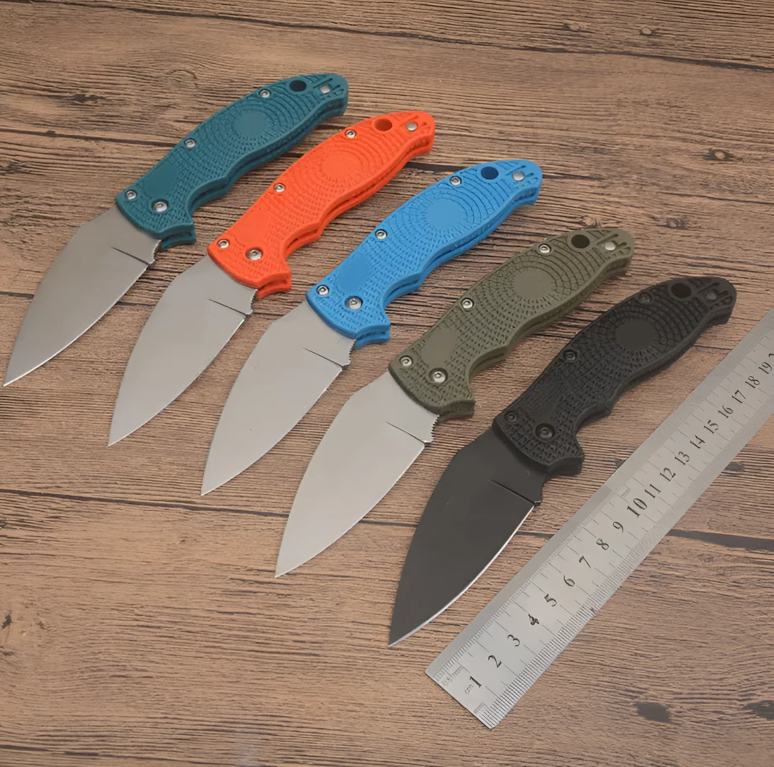 Portable folding fruit knife with 9CR13MOV blade and nylon glass fibre handle, 203mm full length, available in multiple colours