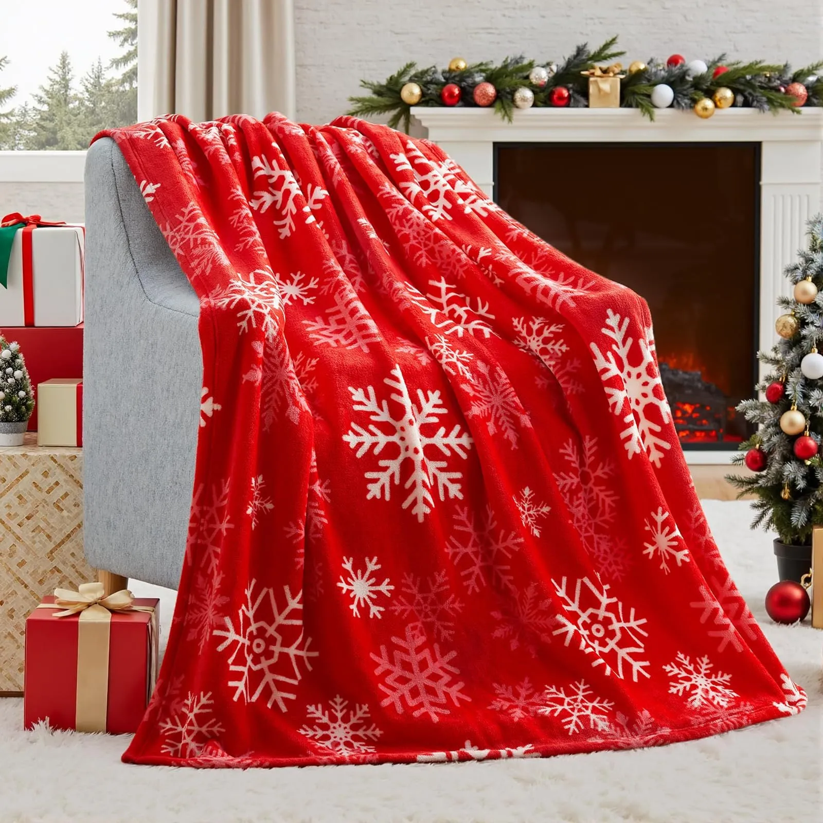 Soft red plush Christmas blanket draped over a sofa, showing its textured flannel fabric.