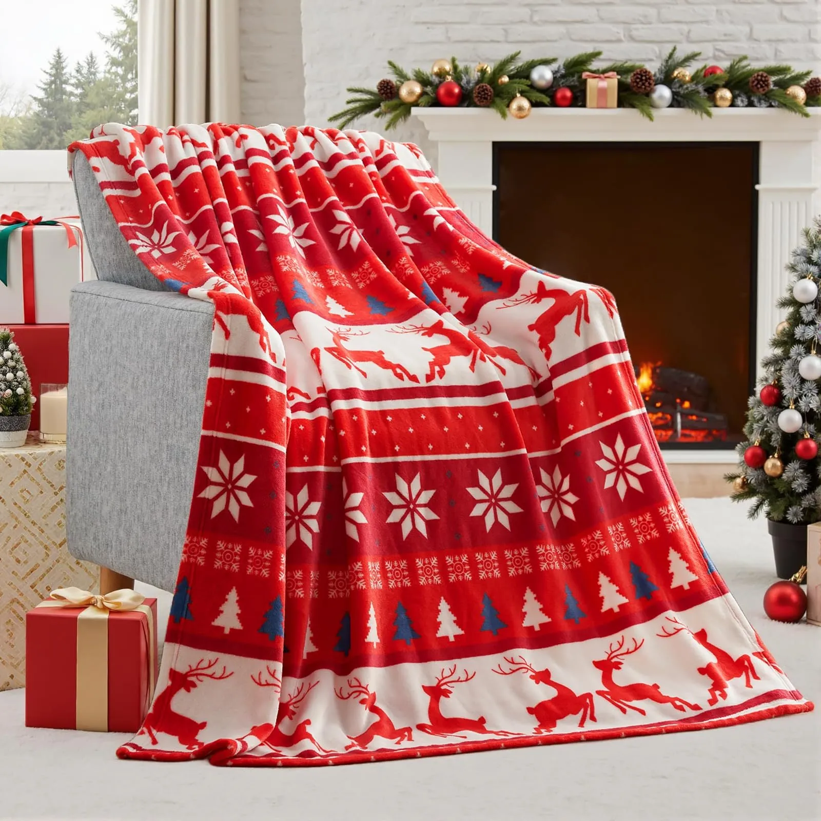 Soft red plush Christmas blanket draped over a sofa, showing its textured flannel fabric.