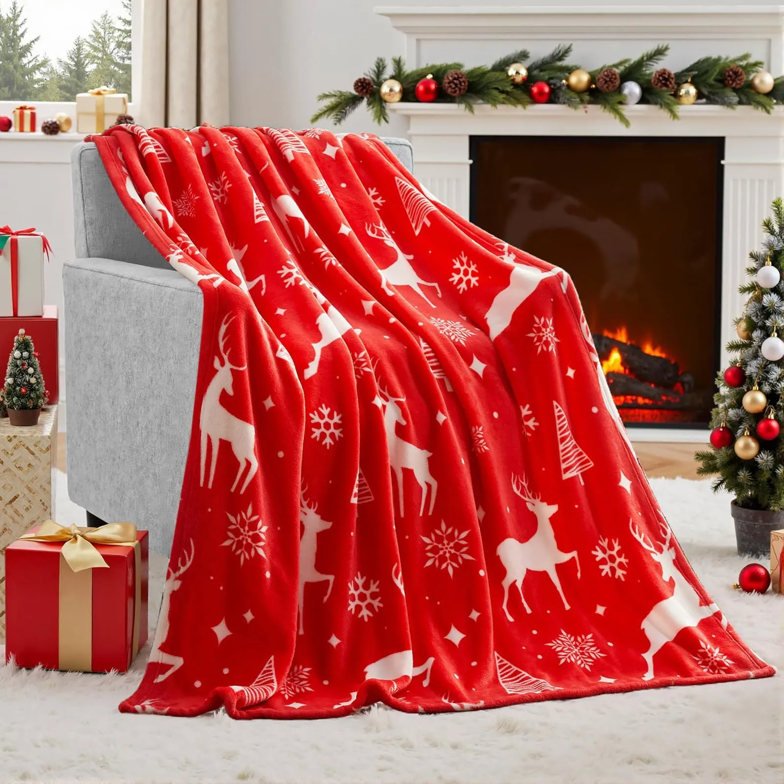 Soft red plush Christmas blanket draped over a sofa, showing its textured flannel fabric.