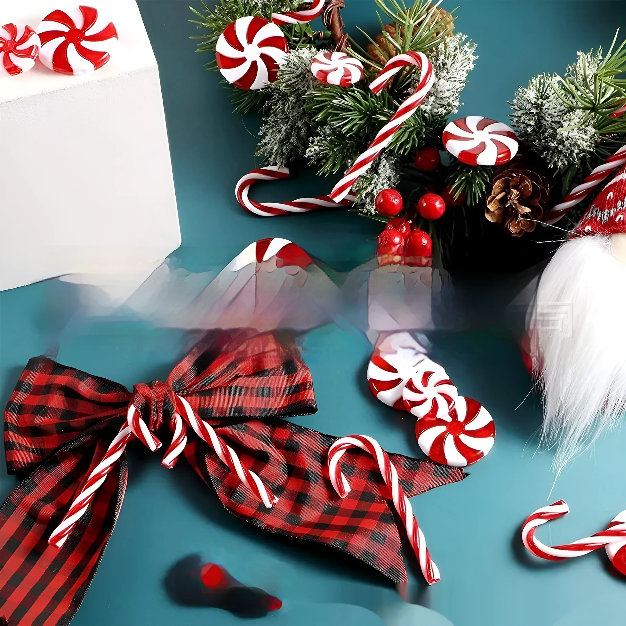 Two red suit floating stuffed vase Christmas decorations with plastic floating filling vase on a table