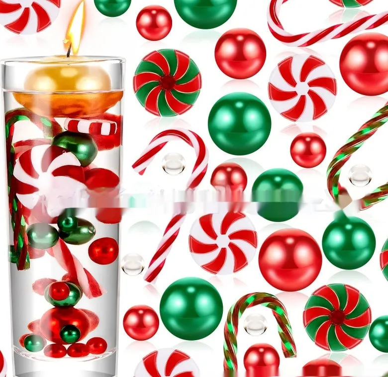 Two red suit floating stuffed vase Christmas decorations with plastic floating filling vase on a table