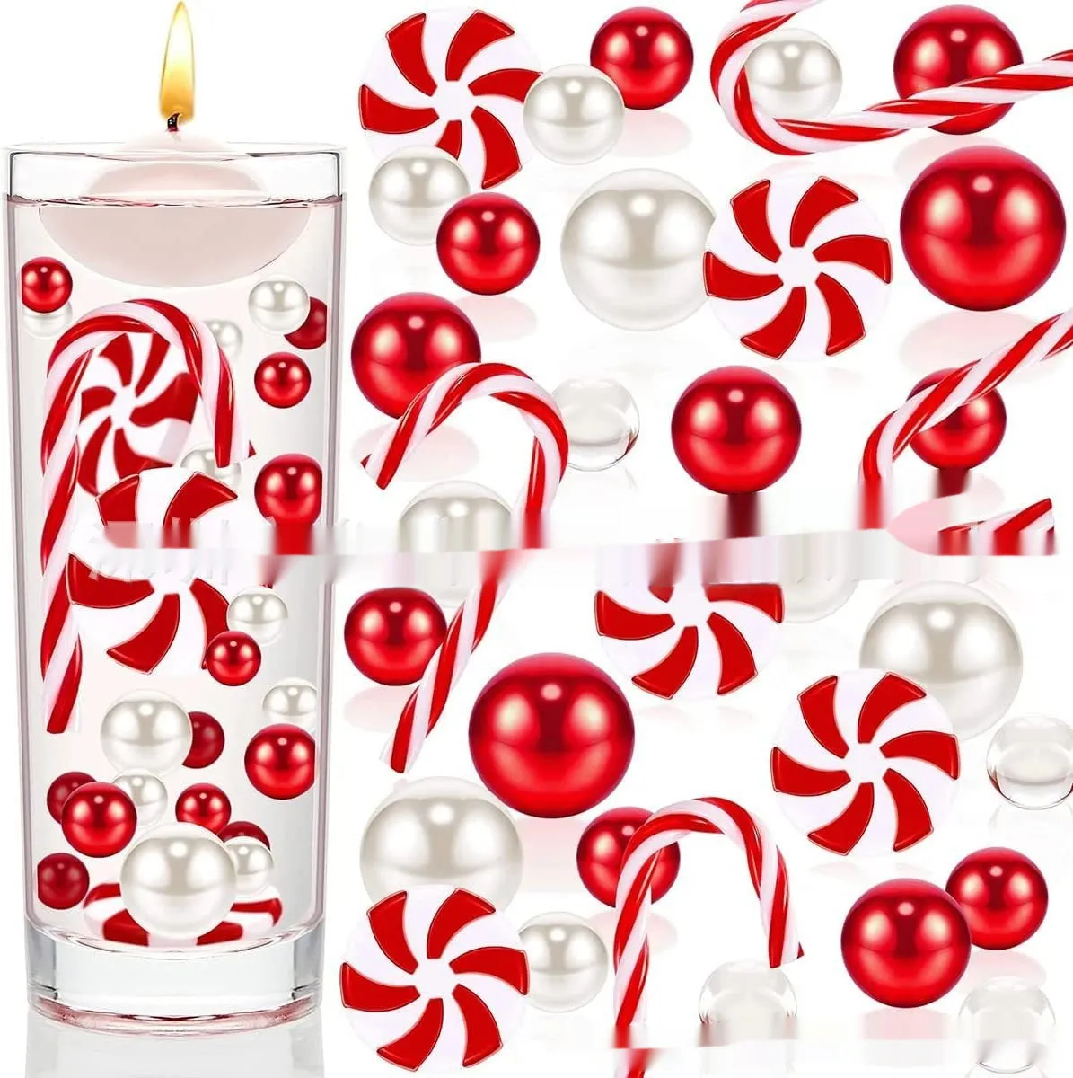 Two red suit floating stuffed vase Christmas decorations with plastic floating filling vase on a table