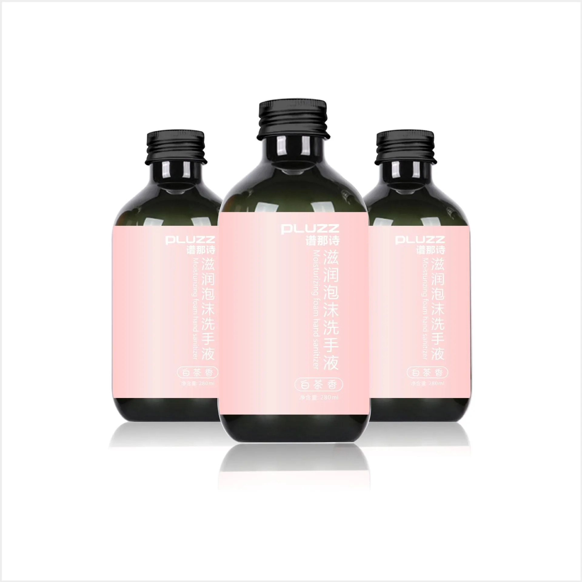 White tea fragrance hand sanitizer 280ml in a plastic bottle with pump dispenser, dimensions 142x80x63mm