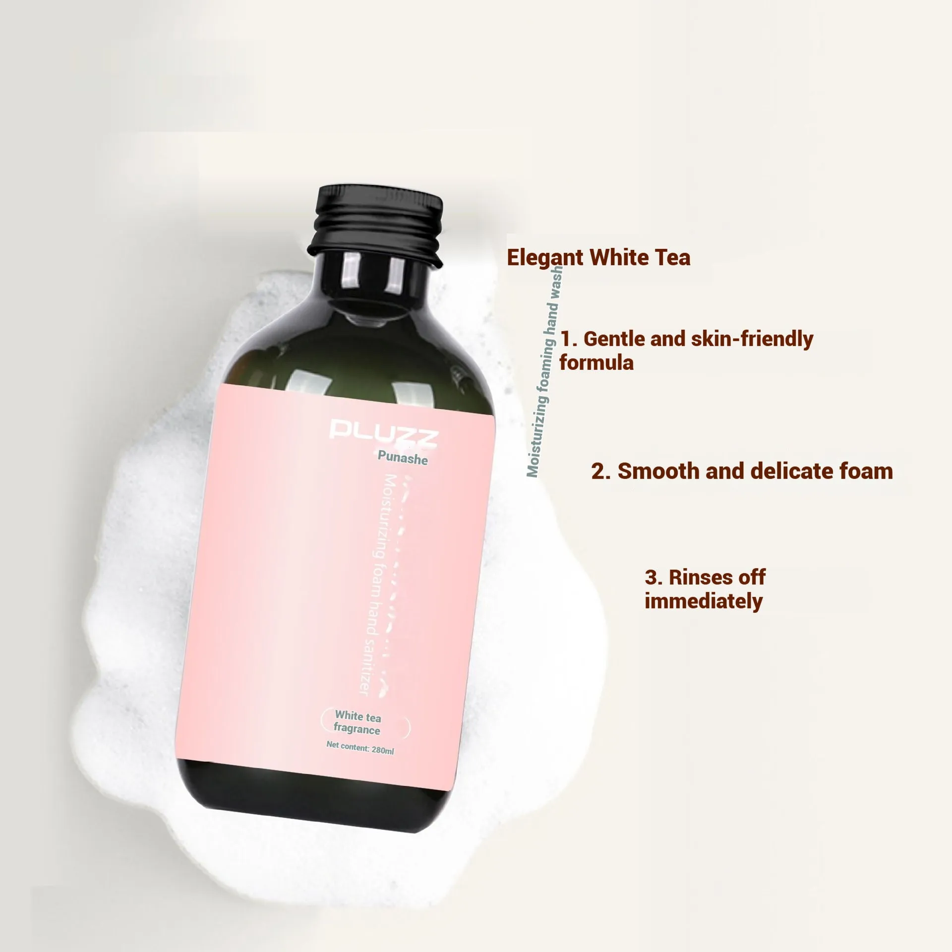White tea fragrance hand sanitizer 280ml in a plastic bottle with pump dispenser, dimensions 142x80x63mm