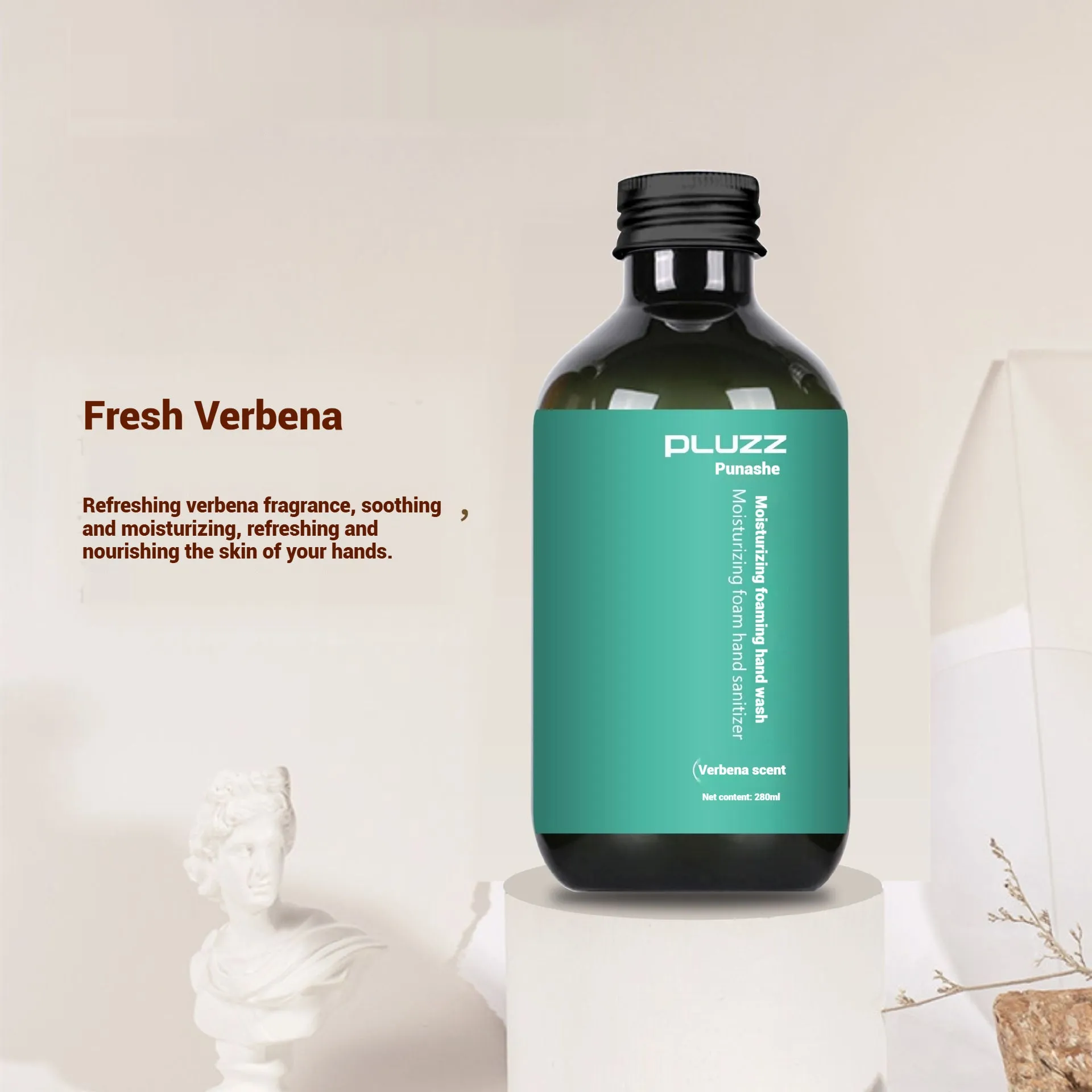 White tea fragrance hand sanitizer 280ml in a plastic bottle with pump dispenser, dimensions 142x80x63mm