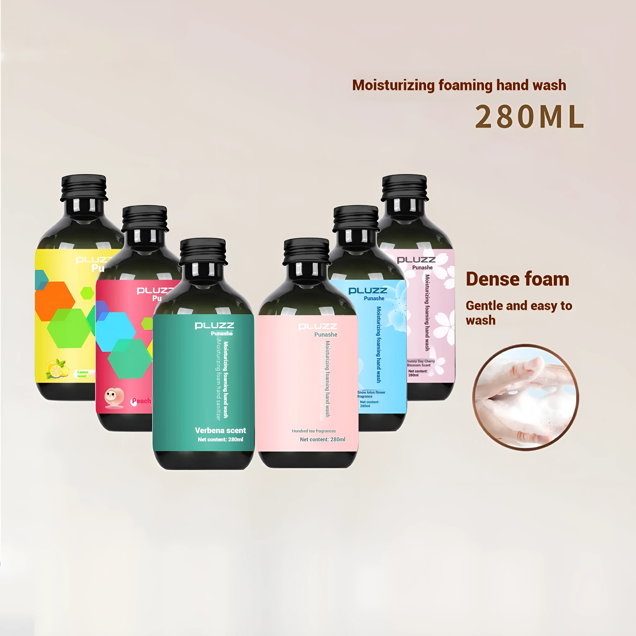 White tea fragrance hand sanitizer 280ml in a plastic bottle with pump dispenser, dimensions 142x80x63mm