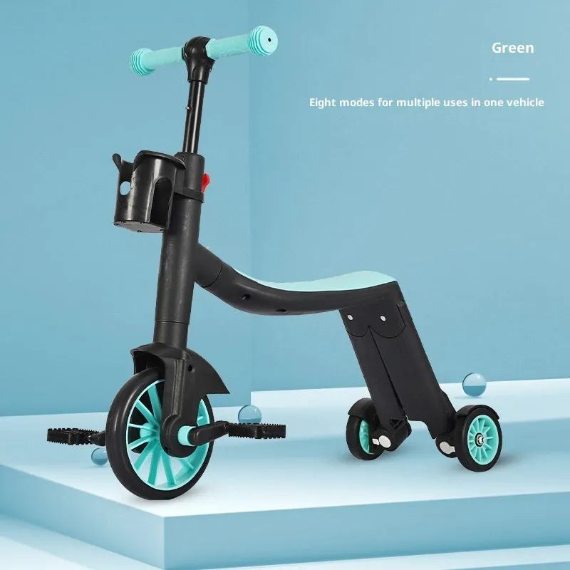Eight-in-one plastic multifunctional children's scooter with push handle in blue colour option
