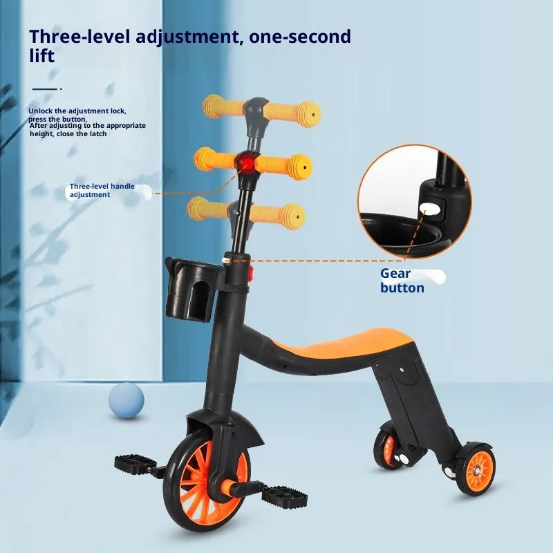 Eight-in-one plastic multifunctional children's scooter with push handle in blue colour option
