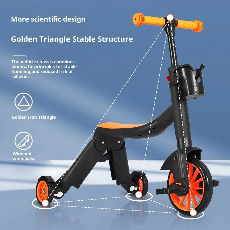 Eight-in-one plastic multifunctional children's scooter with push handle in blue colour option