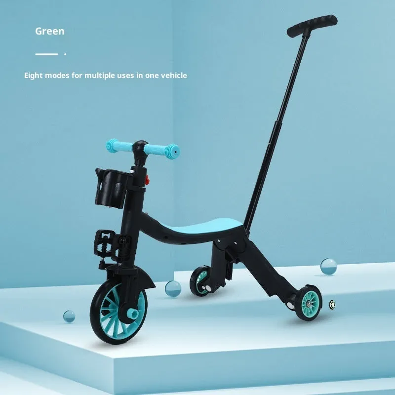 Eight-in-one plastic multifunctional children's scooter with push handle in blue colour option