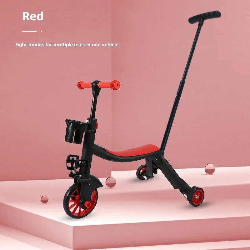 Eight-in-one plastic multifunctional children's scooter with push handle in blue colour option