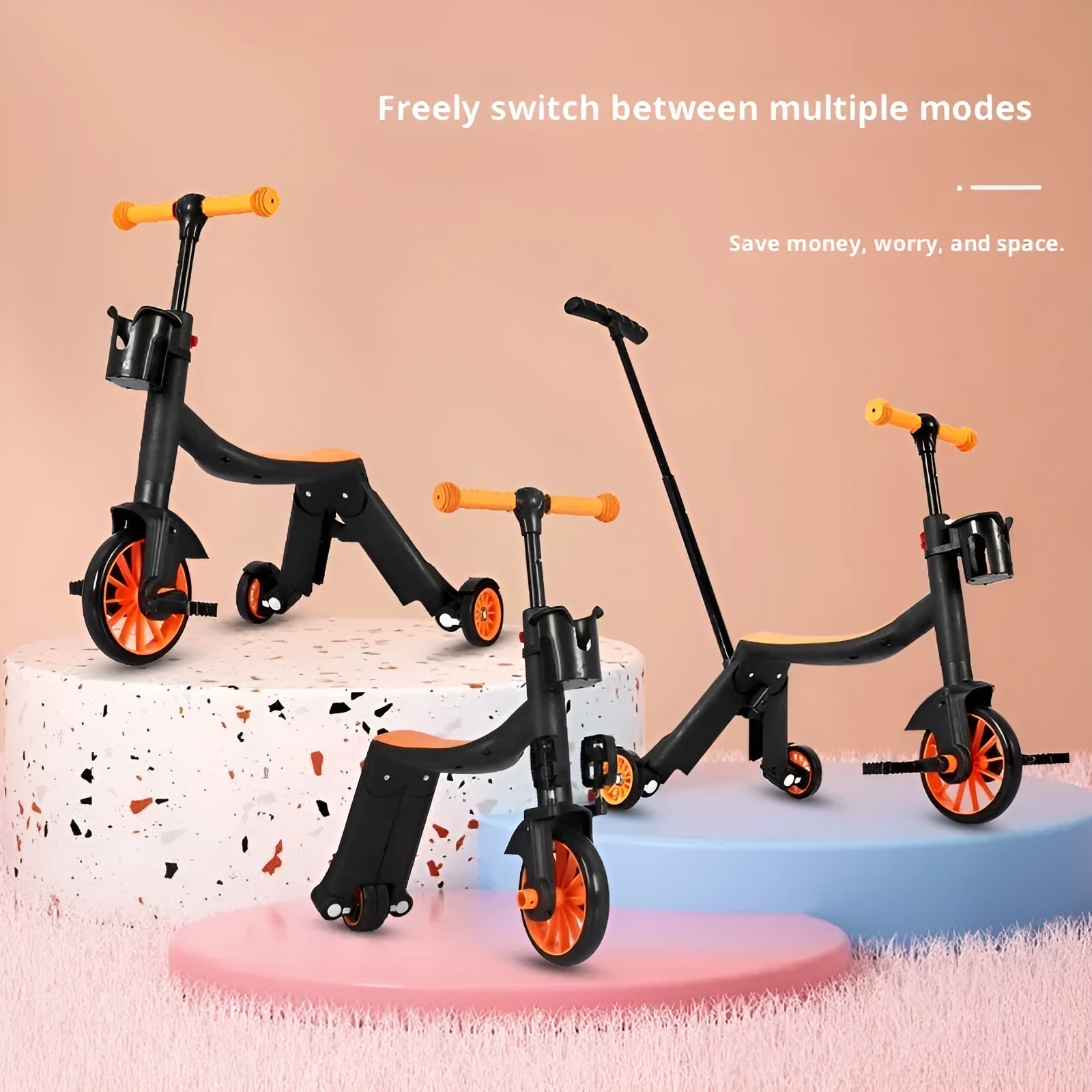 Eight-in-one plastic multifunctional children's scooter with push handle in blue colour option